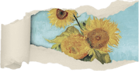 a painting of sunflowers on a torn piece of paper